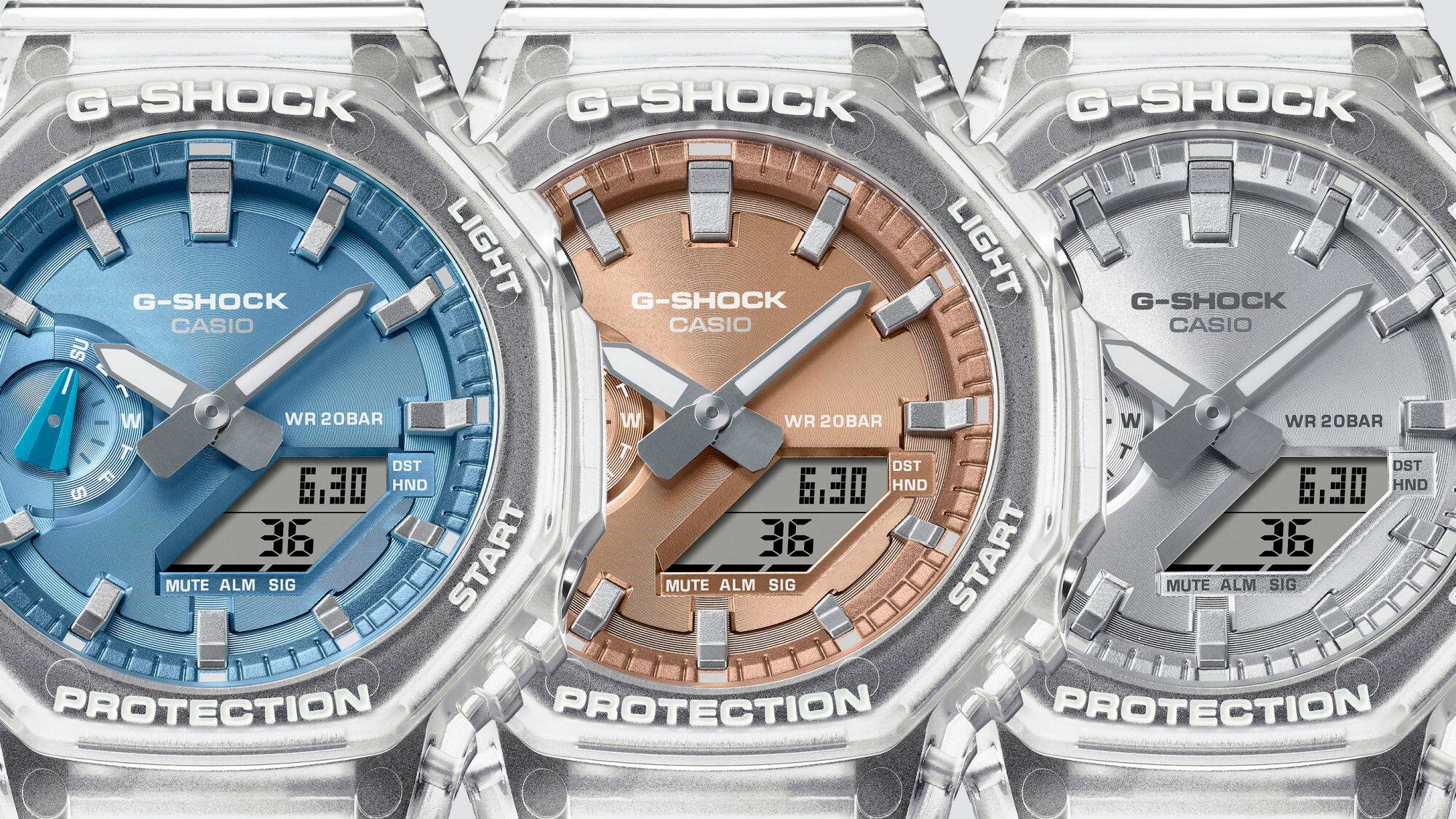 Grande plano dos três relógios Bright Metallic da G-SHOCK com mostradores analógicos cintilantes e um pequeno mostrador digital da data, numa caixa octogonal