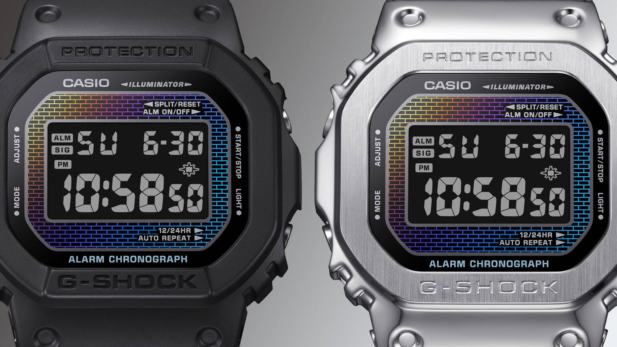 O relógio digital Casio G-Shock DW-5600RW-1 preto ao lado do GM-5600RW-1 com caixa prateada