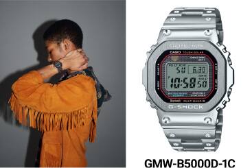Relógio de metal GMW-B5000 com um mostrador digital retangular ao lado de uma fotografia de um homem com um casaco de cabedal azul claro a usar o relógio