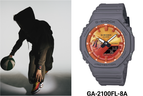 À esquerda: O jogador de basquetebol de estilo livre Kengo Maeda, à direita: grande plano do G-Shock GA-2100FL-8A. A imagem remete para a página do produto.