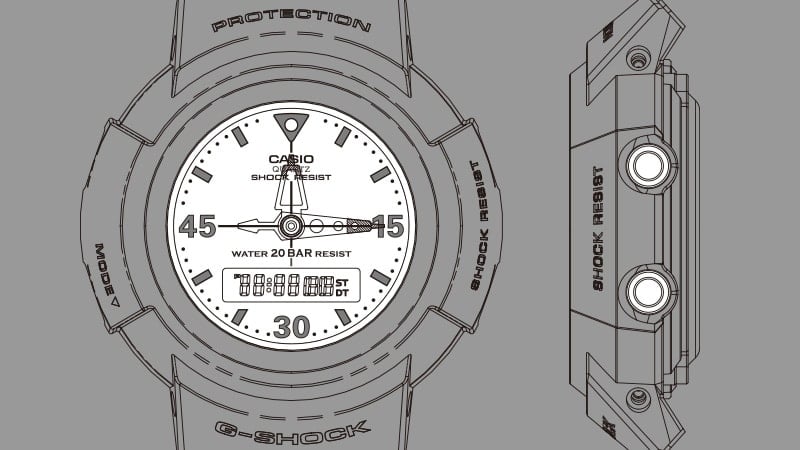 À esquerda: Esboço de um modelo da série AW-500, o mostrador é realçado a branco, à direita: Esboço do lado da caixa, os botões de controlo circulares são realçados a branco