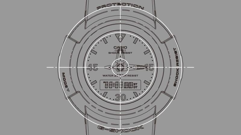 Esboço de um modelo da série AW-500, uma cruz branca sobre o mostrador e a luneta realça a forma absolutamente redonda