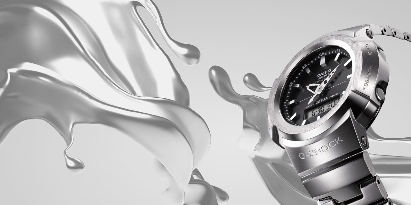 Um relógio prateado totalmente metálico da Casio G-Shock