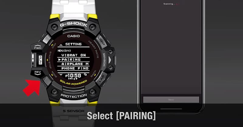 À esquerda: Um relógio desportivo Casio G-Squad GBD-H1000-1A7 com ecrã de definições, à direita: um smartphone. A imagem remete para um vídeo do YouTube com tutoriais.