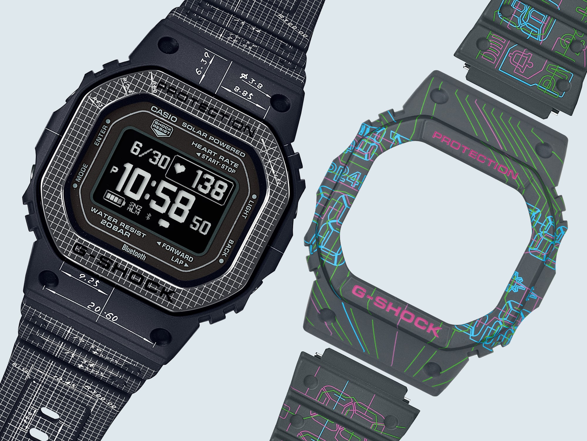 O Casio G-Squad DW-H5600EX no design padrão com desenhos técnicos do primeiro G-Shock, ao lado da luneta colorida e da bracelete colorida com o desenho do diagrama de circuitos da placa de circuitos do DW-5600 para troca
