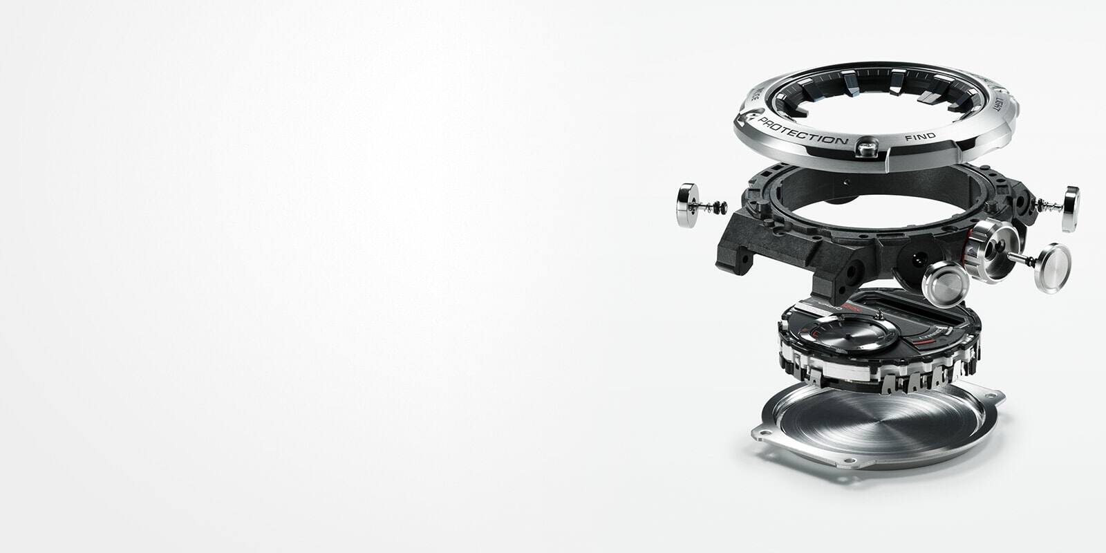 Componentes da caixa do relógio de pulso Casio G-Steel GST-B200 apresentados um por cima do outro