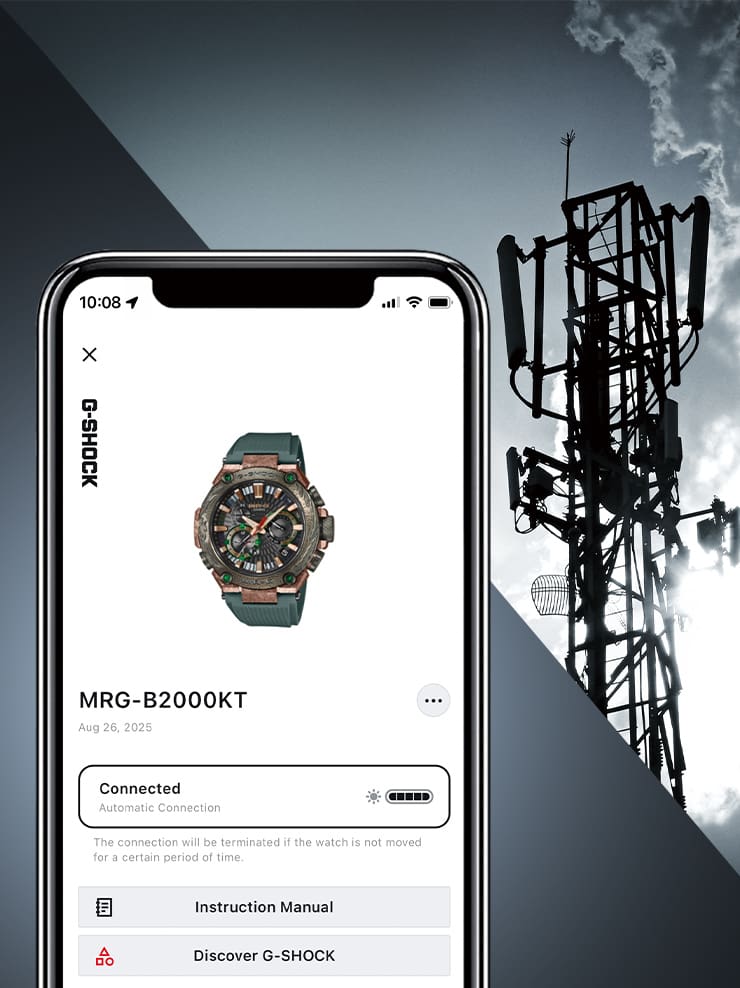 Um smartphone com a aplicação Casio Watches aberta, ao lado de um poste de eletricidade