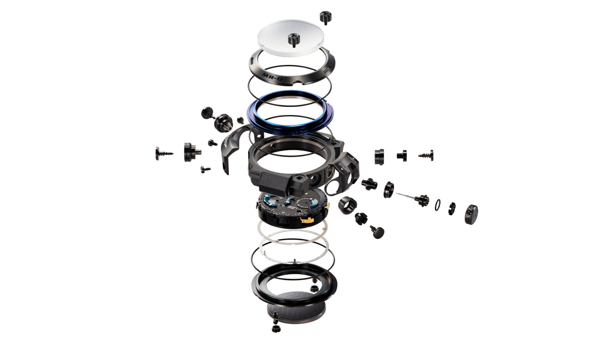 Os componentes individuais da caixa de titânio de um relógio de pulso Casio G-Shock MRG-BF1000B com estrutura multi-componente