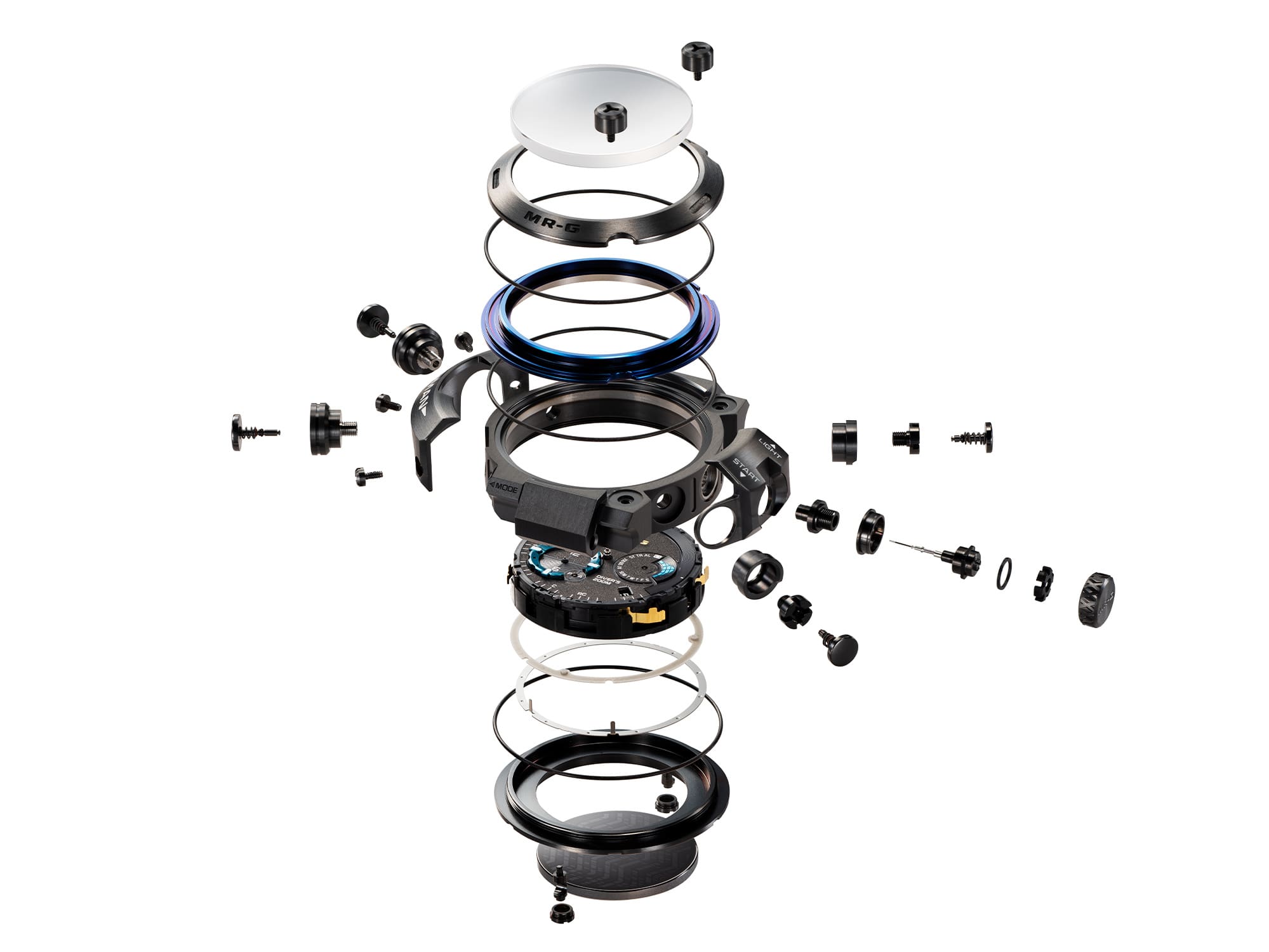 Os componentes individuais da caixa do relógio Casio G-Shock MRG-BF1000R totalmente em metal