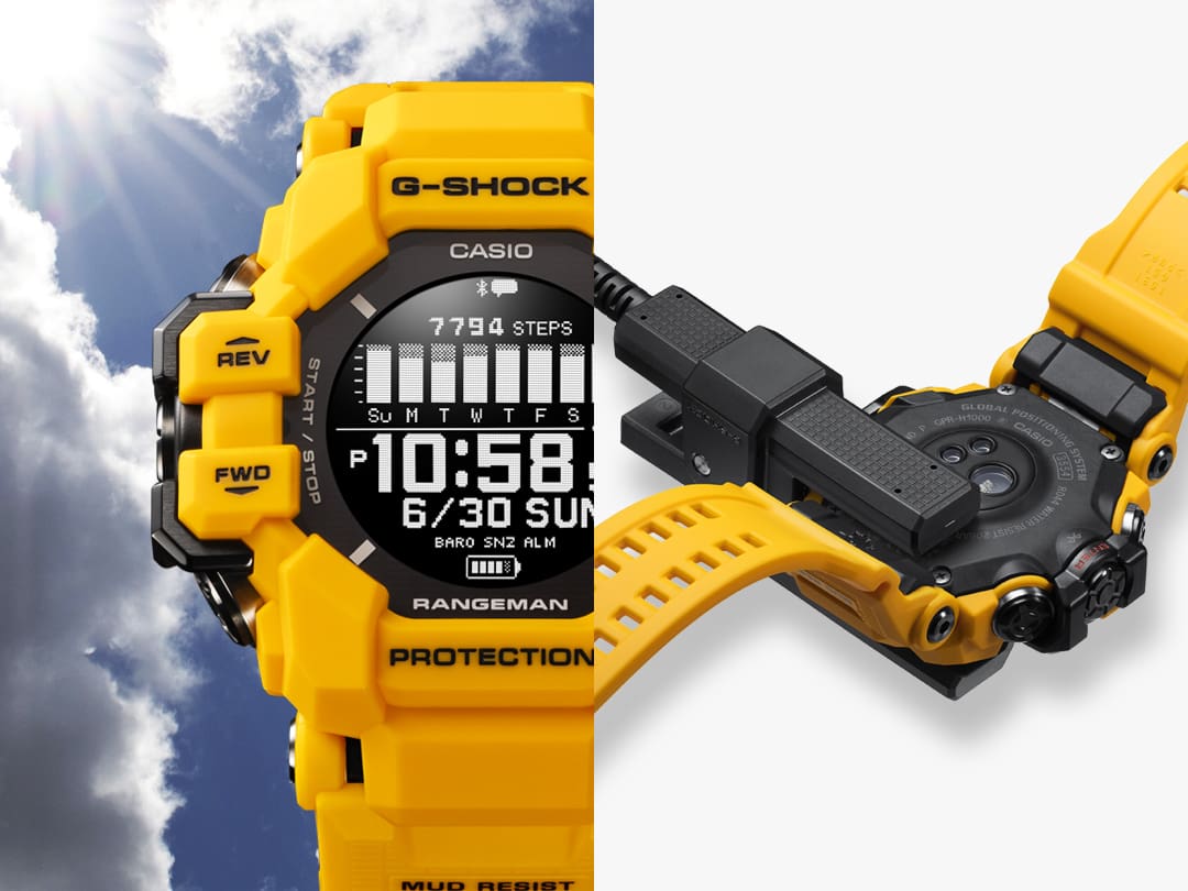 À esquerda: Relógio solar Rangeman GPR-H1000-9 em frente a um céu ligeiramente nublado, à direita: Vista da parte de trás do relógio enquanto está a ser carregado via USB