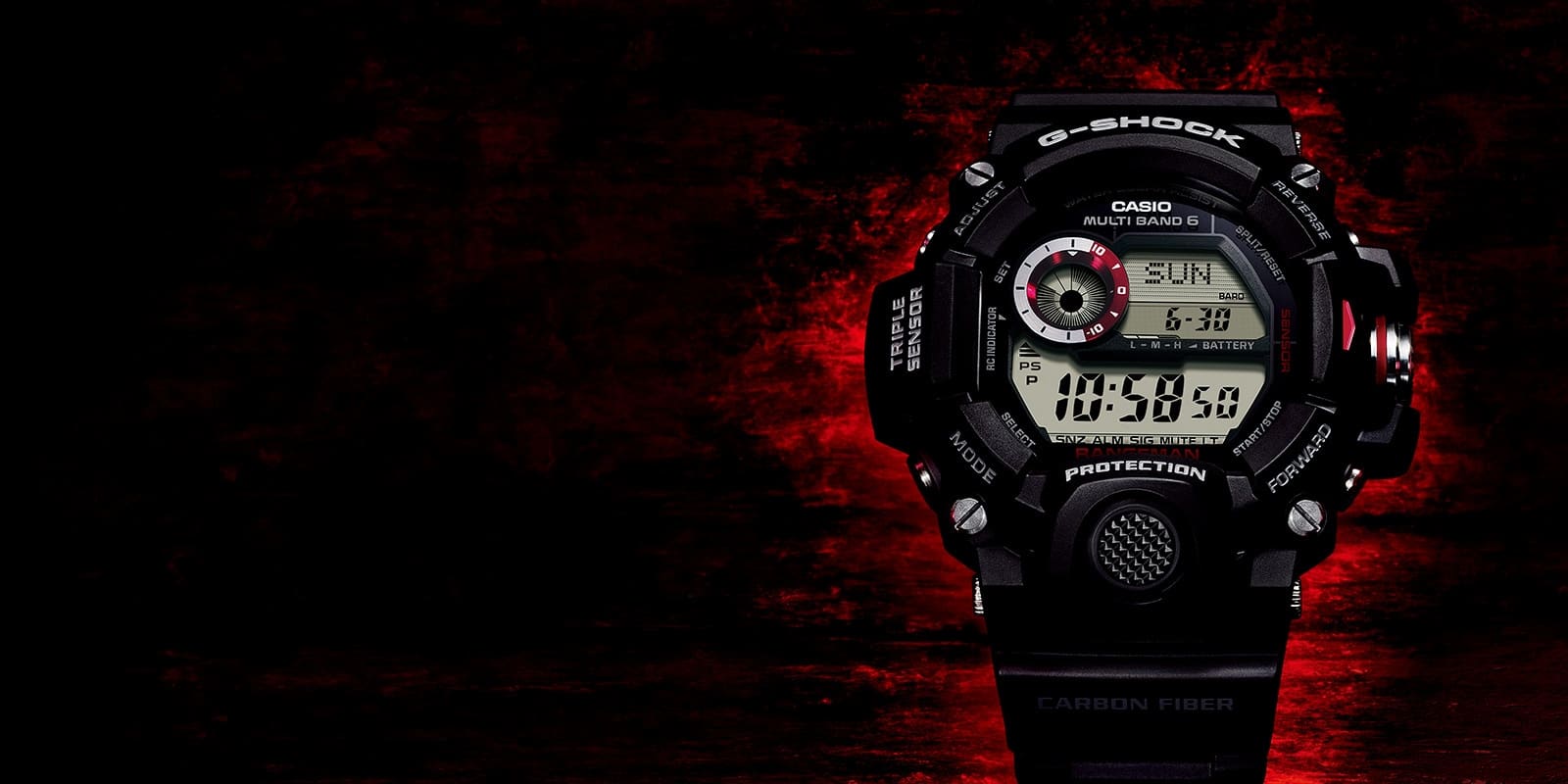 O relógio de exterior Casio G-Shock Master of G Rangeman GW-9400-1 com um fundo vermelho brilhante