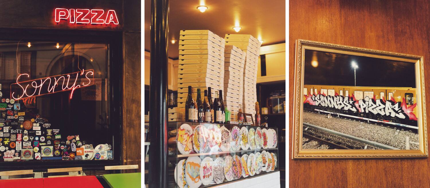 Đây là ảnh chụp mặt tiền Sonny’s Pizza với biển hiệu đèn neon ở Paris vào ban đêm.