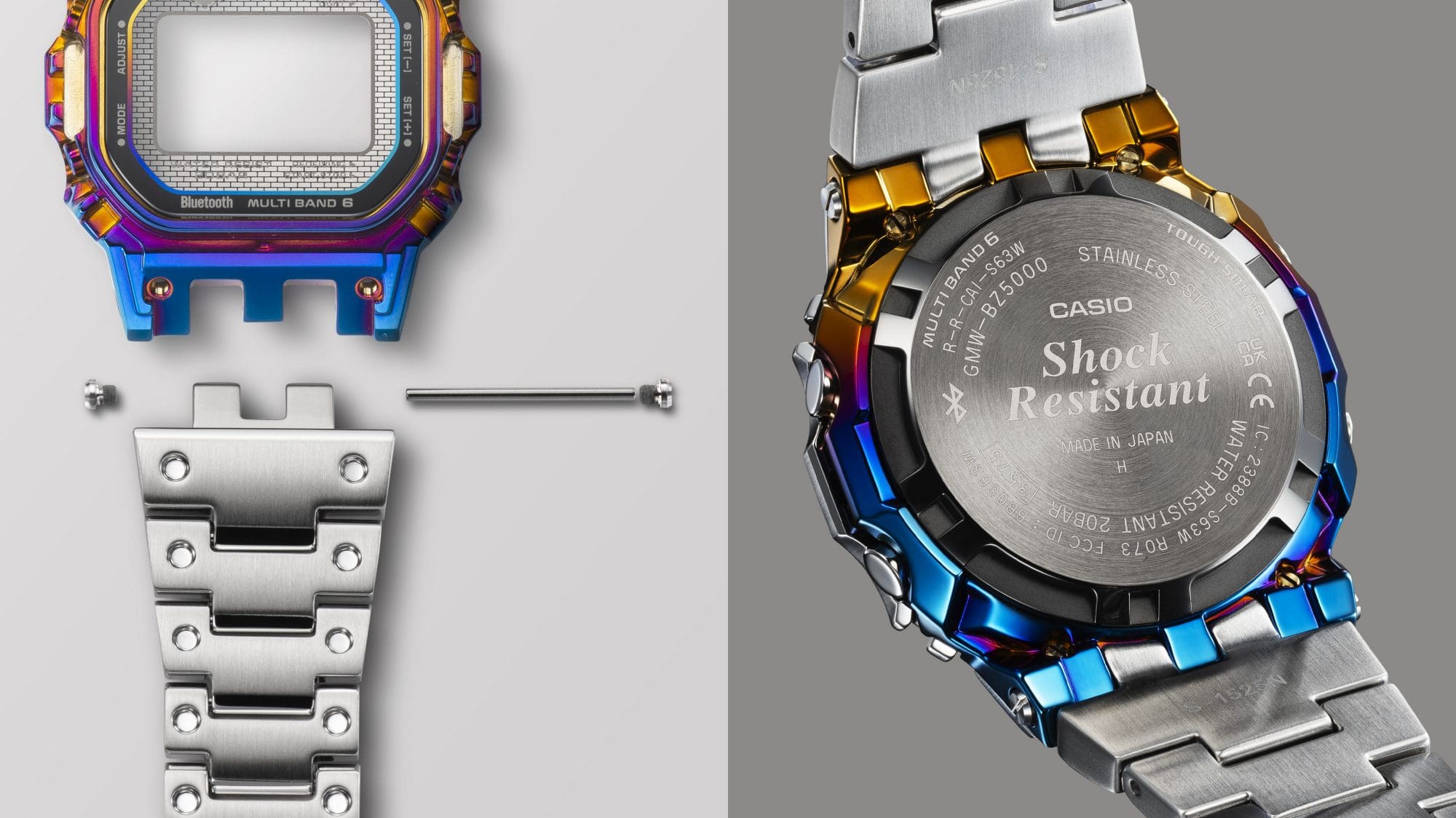 GMW-BZ5000RC 三叉式錶耳錶帶連接構造與螺絲鎖錶底蓋示意圖